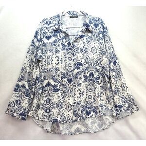 Big Dart Blue White Floral  Grecian Design Sz 2X Button Up Whimsigoth Fairy Boho